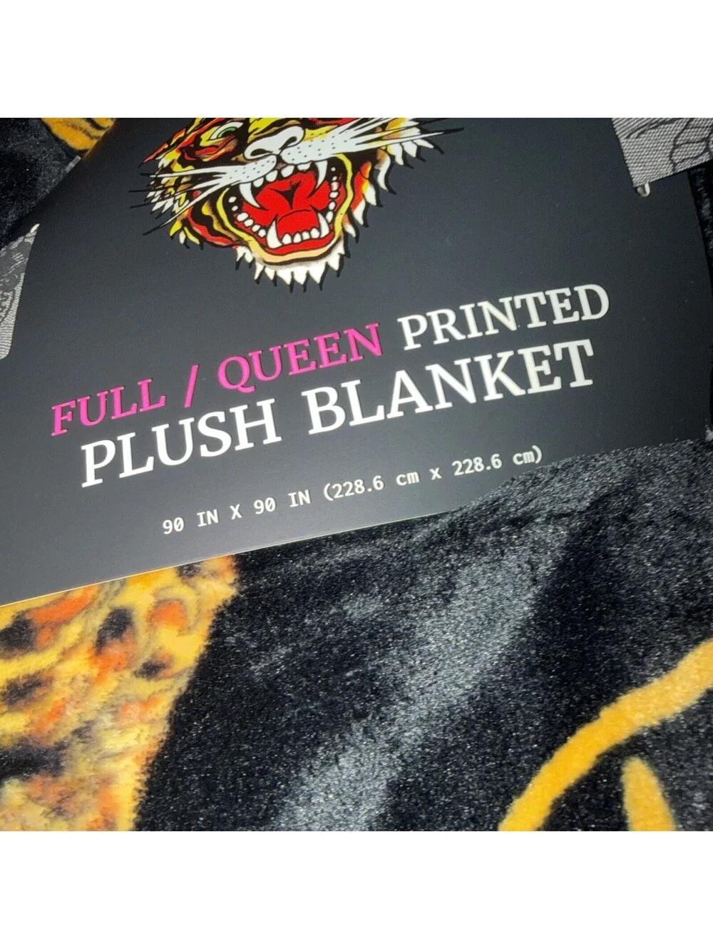 Ed Hardy FULL/QUEEN Tiger Printed Black Throw Blanket Brand New 90x90 in